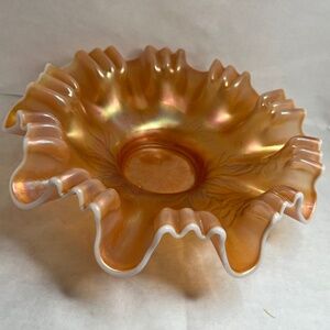 Antique Dugan Peach Opalescent Bowl Carnival Ruffled Bowl 1910